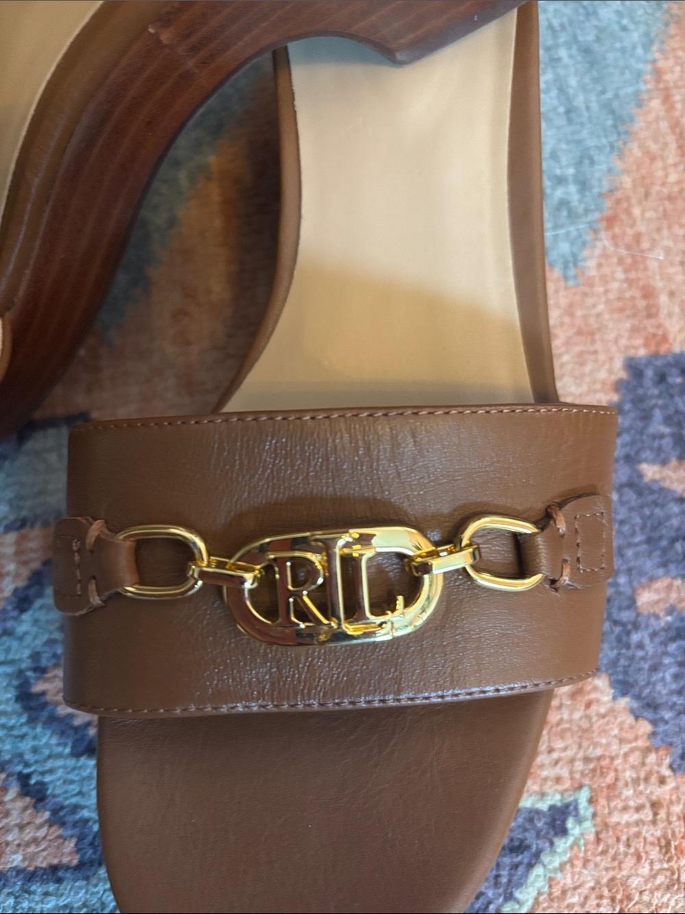 Lauren Ralph Lauren Brown Leather Slide Mules with Gold Chain Accent - Picture 4 of 5